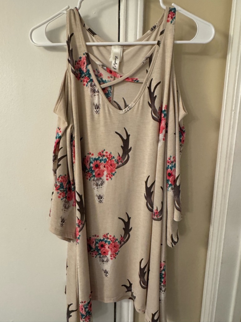 Beige Floral Antler Cold-Shoulder Tunic